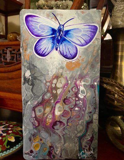 Silvery Blue Butterfly, Abstraction- painted on 7.5” x 4” Italian Terracotta Tile- $125